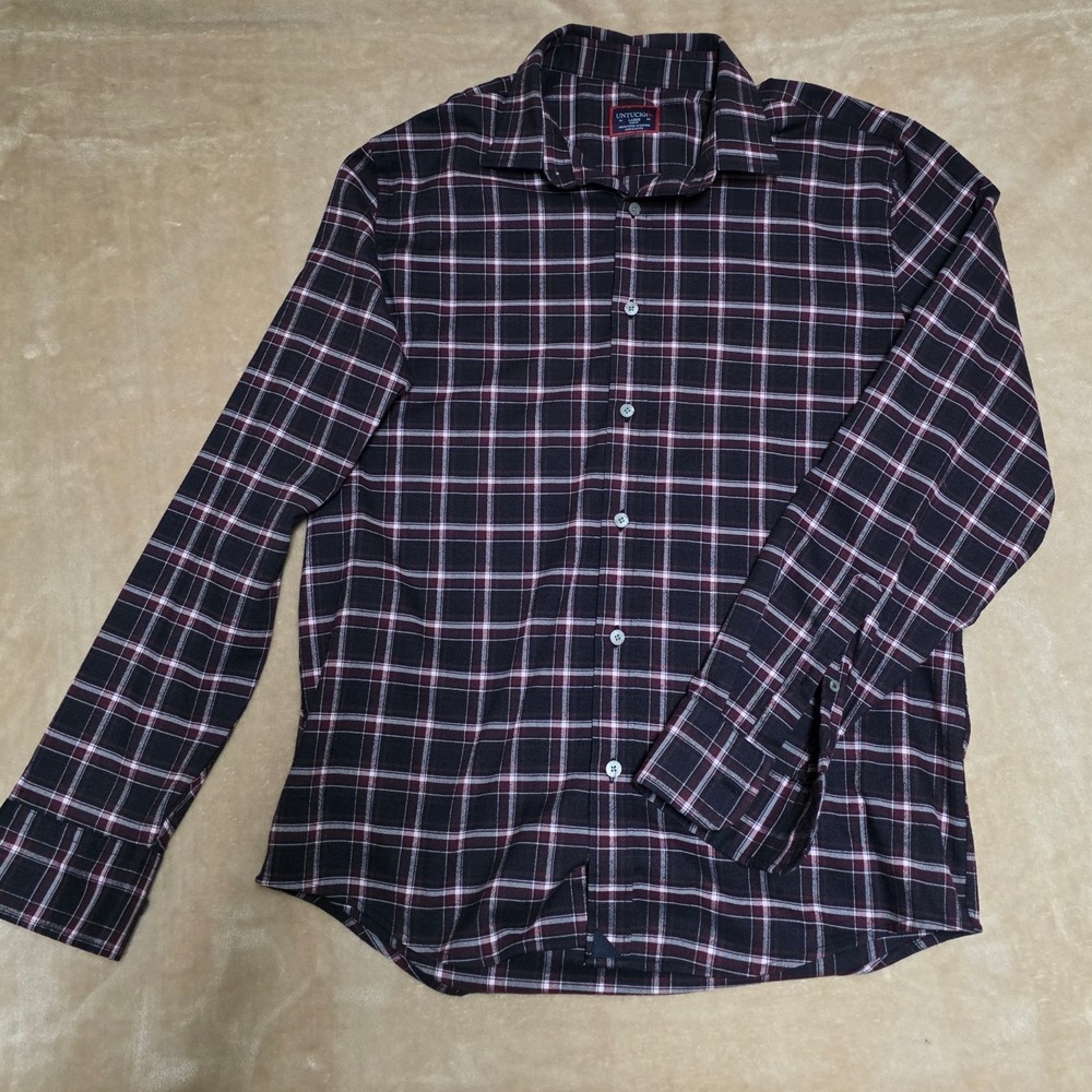 UNTUCKit Mens Large Plaid Long Sleeve Button Down Shirt Slim Fit Burgundy White